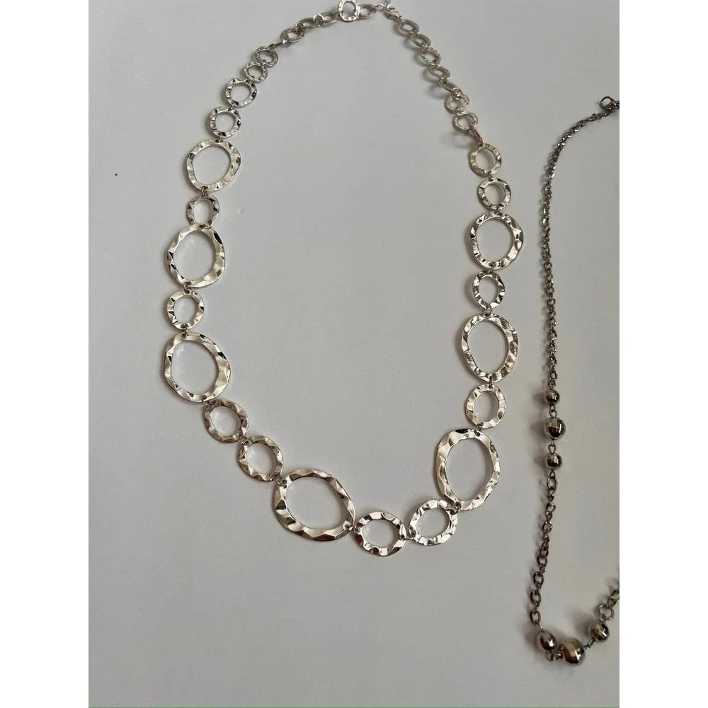 Two Necklaces & Bangle Lot‎ - Silver Tone Chain Link Statement Jewelry Set